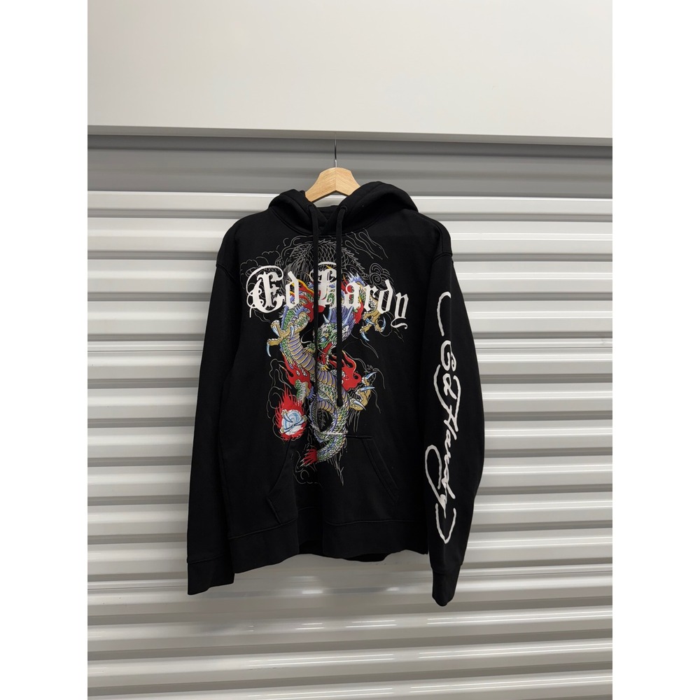 Ed‎ Hardy Mens Dragon Graphic Hoodie Black Pullover Sweatshirt Medium DEH Logo